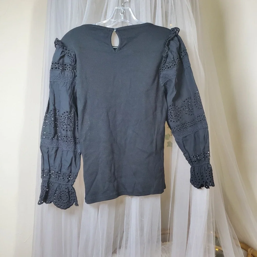 J Crew Whimsigoth Modern Preppy Top Black Eyelet Sleeve Dark Coquette Size?